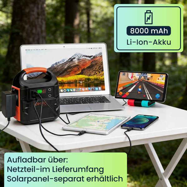 Kompakte Powerstation 88,8Wh Solargenerator mit 230V Steckdose, 100W, USB-C PD65W, 12V DC, LED-Display & 500lm Leuchte für Camping & Notstrom