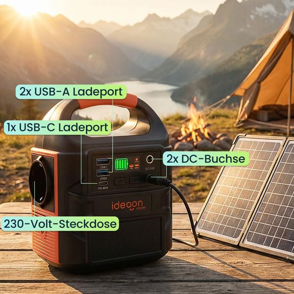 Kompakte Powerstation 88,8Wh Solargenerator mit 230V Steckdose, 100W, USB-C PD65W, 12V DC, LED-Display & 500lm Leuchte für Camping & Notstrom
