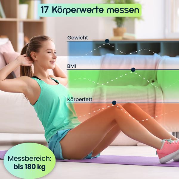 Solar-Akku Körperfettwaage aus Glas, präzise Körperanalyse, 180 kg, App & Bluetooth für Fitness-Erfolge, Kompatibel zu Google Fit & Apple Health