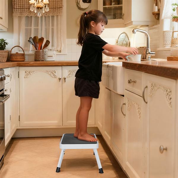 Stabiler Tritthocker, 150 kg - Stahl, Küchenleiter mit Klappsicherungen & Anti-Rutsch-Oberfläche, platzsparend für sicheres Arbeiten