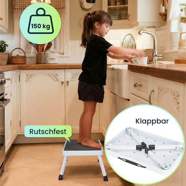 Stabiler Tritthocker, 150 kg - Stahl, Küchenleiter mit Klappsicherungen & Anti-Rutsch-Oberfläche, platzsparend für sicheres Arbeiten