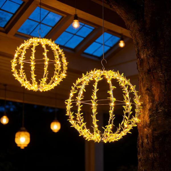 4er-Set Solar Leuchtkugel im Blätterdesign - Ø20cm Gartenkugel mit 72 warmweissen LEDs - IP44 Aussenleuchte inkl. Erdspiess, S-Haken und Solarpanel