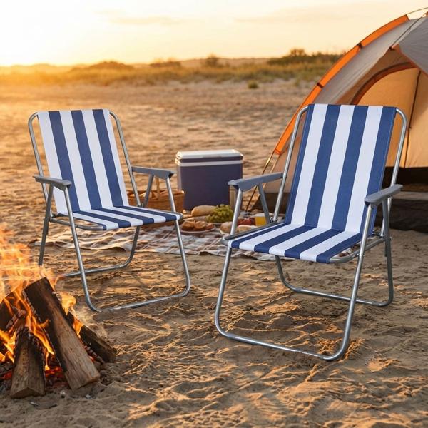 Lot de 2 chaises de camping bleu/blanc – pliables, robustes & peu encombrantes pour le camping, l’outdoor, les festivals, la plage & les pique-niques – structure en tubes d’acier, polyester 600D