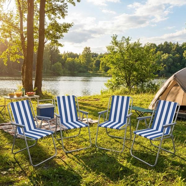 Lot de 4 chaises de camping bleu/blanc - pliables, robustes et peu encombrantes pour le camping, en plein air, festivals, plage et pique-nique - cadre en tubes d‘acier, polyester 600D