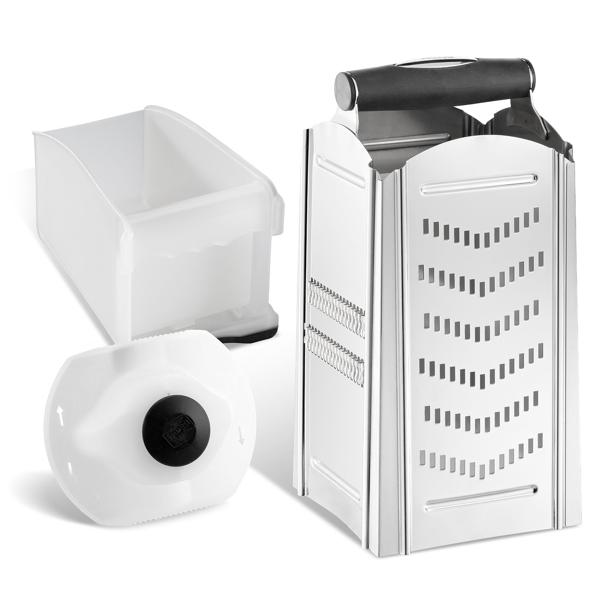 Profi Vierkantreibe mit Auffangbehälter und Fruchthalter: Schnelle Käse- & Gemüsereibe für perfekte Rösti & Salate