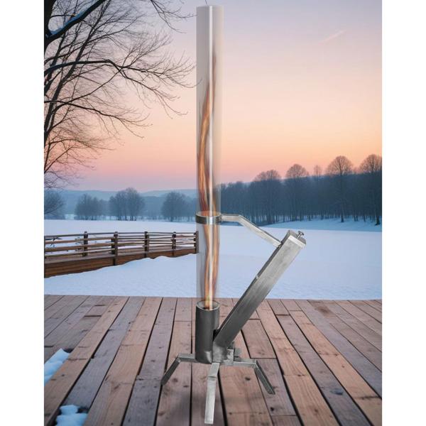 Garten-Feuerrohr H 132 cm aus Glas mit Edelstahlgestell – Exklusiver Outdoor-Ofen mit rauchfreiem Flammenspiel für Terrasse & Balkon