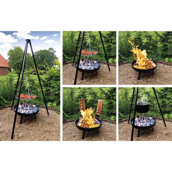 4-in-1 Multifunktionsgrill mit Feuerschale, Schwenkrost, Flammlachsbrett und Feuerkessel: Ein vielseitiger Schwenkgrill mit Lagerfeuer-Feeling