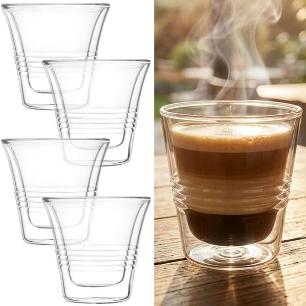 Set de 4 verres double paroi avec relief 70 ml – verres à espresso & verres à shot, tasses espresso thermiques en verre borosilicate avec effet flottant, petits