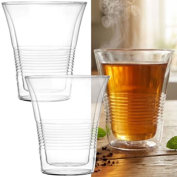 Lot de 2 verres double paroi avec relief 330 ml – verres isothermes pour café et thé, verres à café en borosilicate avec effet flottant résistants à la chaleur
