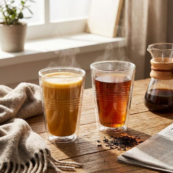 Lot de 2 Verres Isothermes Cannelés Double Paroi - Flottant pour Café, Thé, Boissons Chaudes/Froides - Borosilicate Robuste - 300 ml