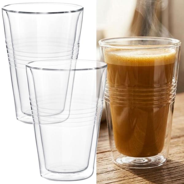Set di 2 bicchieri a doppia parete con zigrinatura 300 ml – bicchieri termici per caffè e tè, bicchieri da caffè in vetro borosilicato con effetto sospeso resistenti al calore