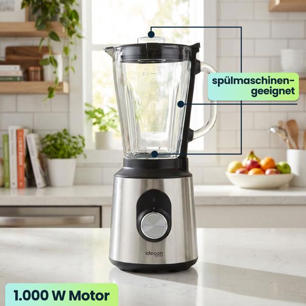 Edelstahl Power Standmixer mit 1,5 l Glasbehälter, Küchenmixer, 1.000 W für Shakes, Smoothies, Saucen oder Zerkleinerung von Obst und Gemüse