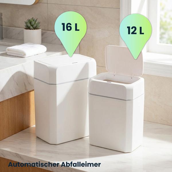 Premium Sensor Abfalleimer Set, 12L & 16L, Automatischer Mülleimer mit Bewegungssensor, Weiss - Berührungslos & Hygienisch - Für Zuhause, Küche & Büro