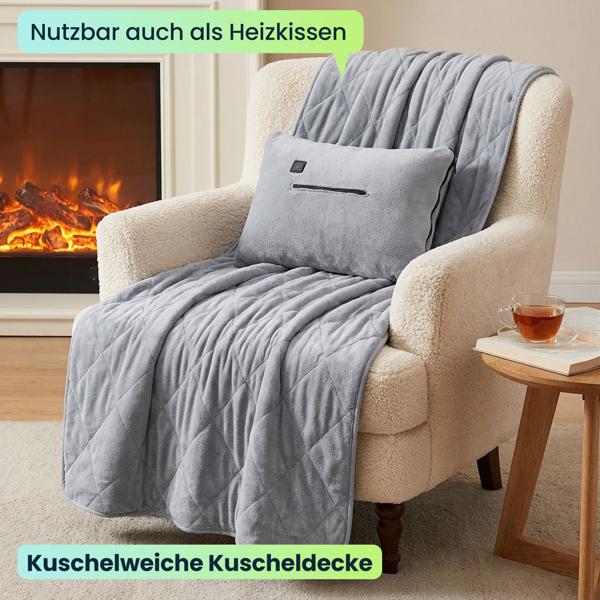 Heizdecke 135x180 cm aus Polarfleece mit Druckknöpfen, elektrische Wärmedecke mit 3 Stufen, auch als Heizkissen nutzbar, kuschelweiche Kuscheldecke
