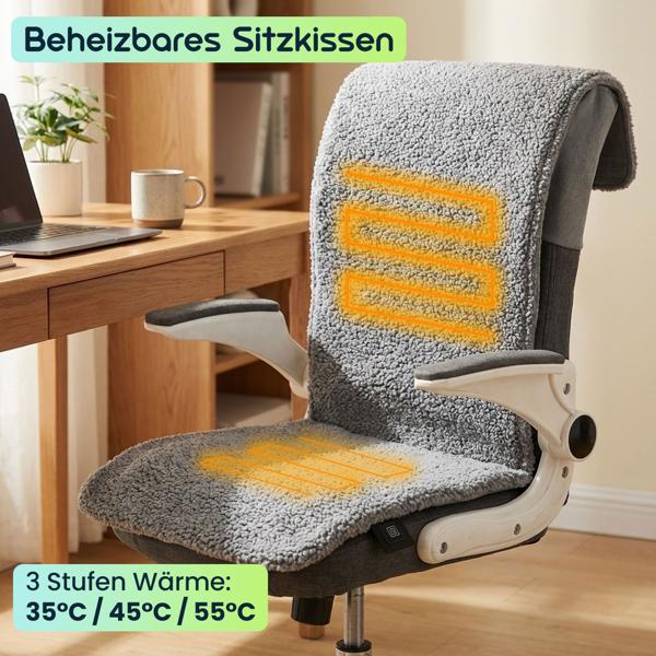 Beheizbares Sitzkissen mit Rückenteil, Akku: Mobile Heizmatte für Zuhause, Auto & Büro, 3 Stufen Wärme, ergonomische Sitzauflage, 45 x 135 cm