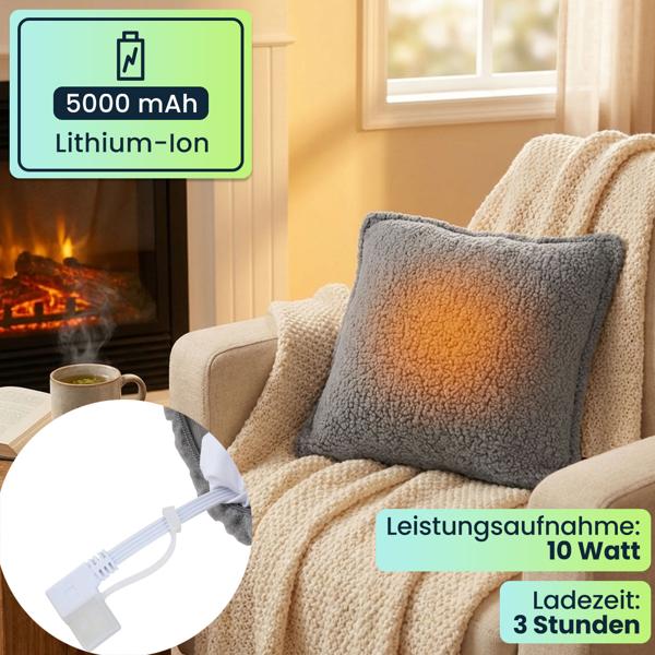 2er-Set Luxus Heizkissen 45x45 kabellos – Wärmekissen mit 5000mAh Akku, 3 Stufen, USB & weiche Füllung - Sanfte Wohlfühlwärme für Ihr Zuhause