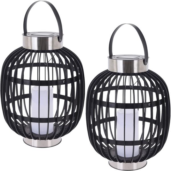 Lot de 2 Lanternes de Jardin Solaires - Aspect Rotin Noir, Bougie LED Blanc Chaud - 35x45cm - Acier Inoxydable, Résistant Intempéries - Autonomie 6h