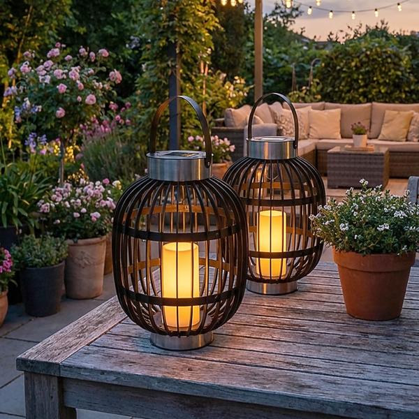 Lot de 2 Lanternes de Jardin Solaires - Aspect Rotin Noir, Bougie LED Blanc Chaud - 35x45cm - Acier Inoxydable, Résistant Intempéries - Autonomie 6h