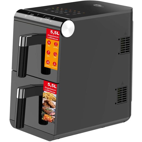 XXL Doppel Heissluftfritteuse 11L, schwarz, mit Sync-Funktion – Profi Air Fryer für koordiniertes Kochen ohne Öl & Fett, 1700W