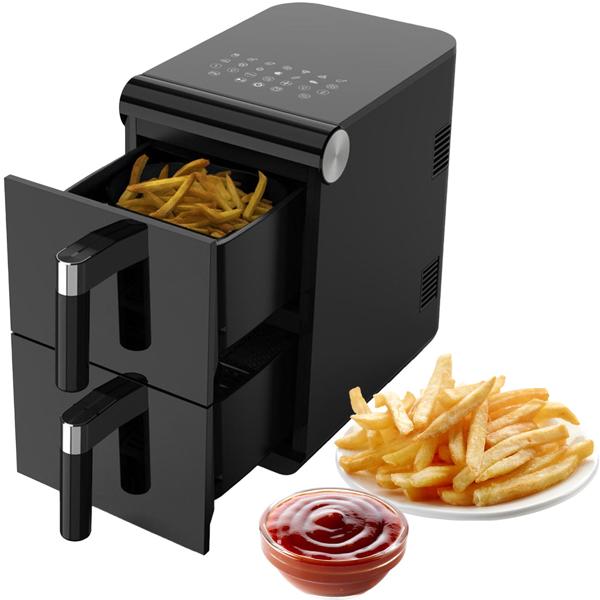 XXL Doppel Heissluftfritteuse 11L, schwarz, mit Sync-Funktion – Profi Air Fryer für koordiniertes Kochen ohne Öl & Fett, 1700W