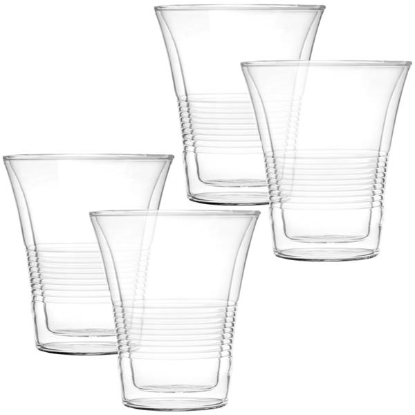 Lot de 4 Verres à Double Paroi Élégants - Fonction Thermique pour Boissons Chaudes & Froides - Verre Borosilicaté 220 ml - Cannelures Antidérapantes
