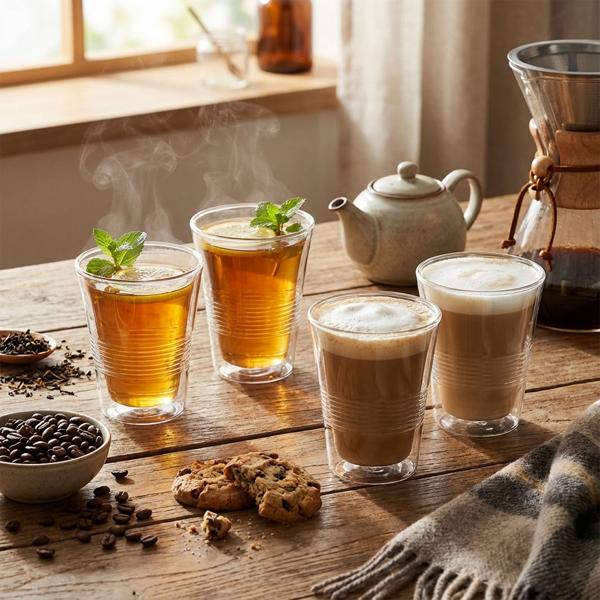 4er-Set edle Doppelwandgläser mit Riffelung – 330 ml – Thermo-Funktion für besten Genuss von Kaffee & Tee