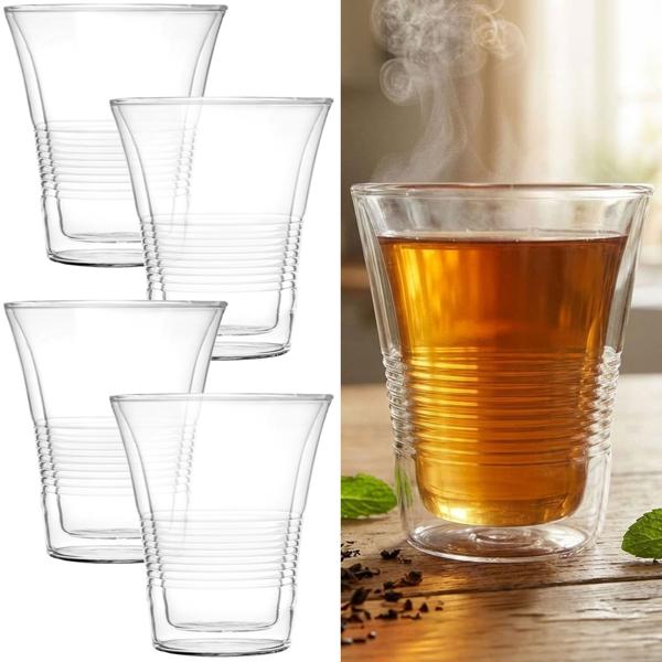 Set da 4 bicchieri a doppia parete con zigrinatura 330 ml – bicchieri termici per caffè e tè, bicchieri da caffè in borosilicato con effetto sospeso resistenti al calore