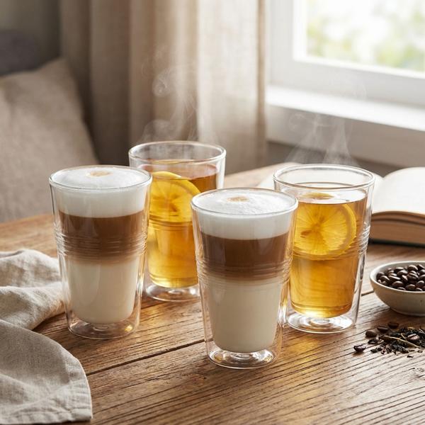 4er-Set Thermogläser mit Riffelung, doppelwandig – 300 ml – Doppelwandgläser für besten Genuss von Kaffee & Tee mit Schwebeeffekt