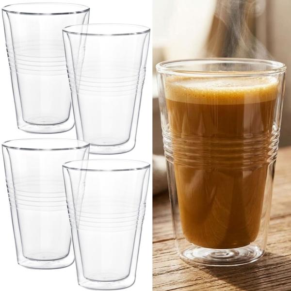 Lot de 4 verres à double paroi côtelés 300 ml – verres isothermes pour café et thé, verres à café en borosilicate avec effet de lévitation, résistants à la chaleur
