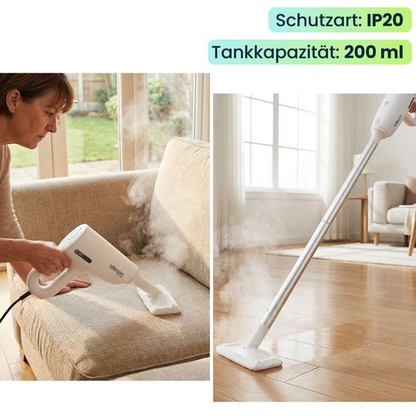 Profi 3in1 Dampfreiniger & Boden-Dampfbesen: 1200W Handgerät gegen Bakterien ohne Chemie für Boden, Bad, Möbel - in 15s startklar