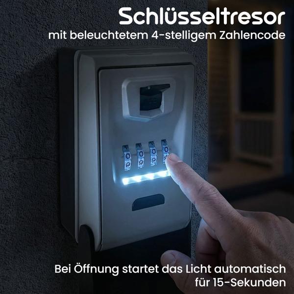 Schlüsseltresor mit beleuchtetem 4-stelligem Zahlencode - extra sicheres Schlüsselversteck für Wandmontage; Wetterfest durch Schutzhaube