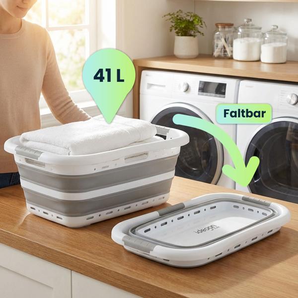 Faltbarer Wäschekorb 41L - Platzsparender Wäschesammler aus Kunststoff mit Belüftung - Ultraflach 8,5 cm für Waschküche & Camping