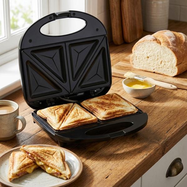 Appareil à sandwich 850 W – plaques antiadhésives, poignée Cool Touch – préparation rapide de 2 sandwiches