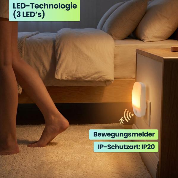 LED Nachtlicht Stecker mit Bewegungsmelder & Dämmerungssensor, Orientierungslicht für die Steckdose, 11 Lm Warmweiss, für Flur, Treppe & Kinderzimmer