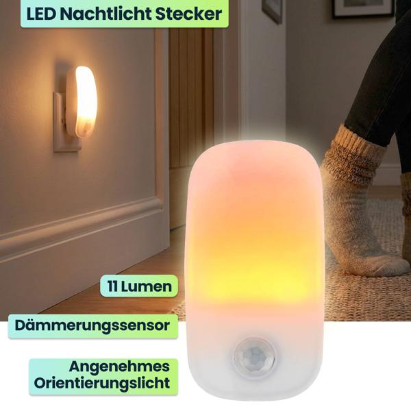 LED Nachtlicht Stecker mit Bewegungsmelder & Dämmerungssensor, Orientierungslicht für die Steckdose, 11 Lm Warmweiss, für Flur, Treppe & Kinderzimmer