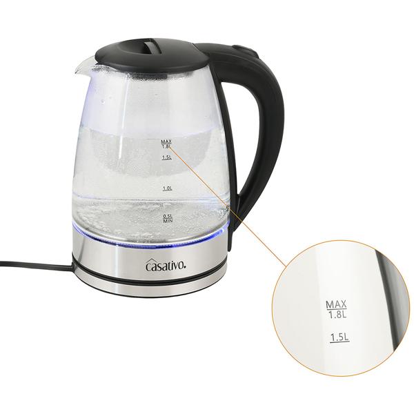 Bouilloire électrique élégante en verre, 1,8 litre, éclairage LED bleu, inox, 2200 W – arrêt automatique et protection contre le fonctionnement à sec