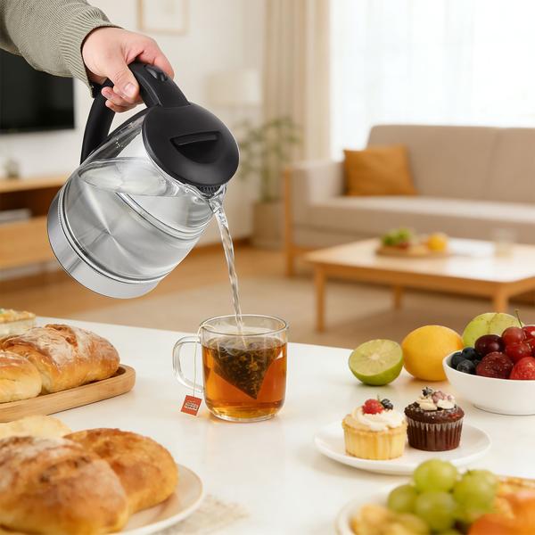 Bouilloire électrique élégante en verre, 1,8 litre, éclairage LED bleu, inox, 2200 W – arrêt automatique et protection contre le fonctionnement à sec