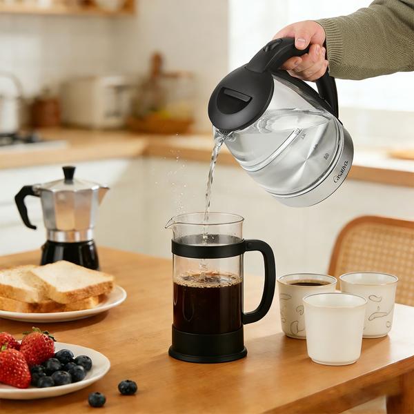 Bouilloire électrique élégante en verre, 1,8 litre, éclairage LED bleu, inox, 2200 W – arrêt automatique et protection contre le fonctionnement à sec