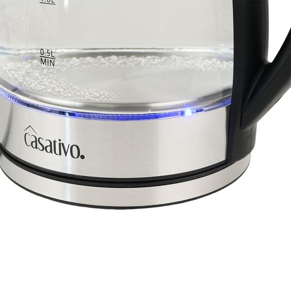 Bouilloire électrique élégante en verre, 1,8 litre, éclairage LED bleu, inox, 2200 W – arrêt automatique et protection contre le fonctionnement à sec