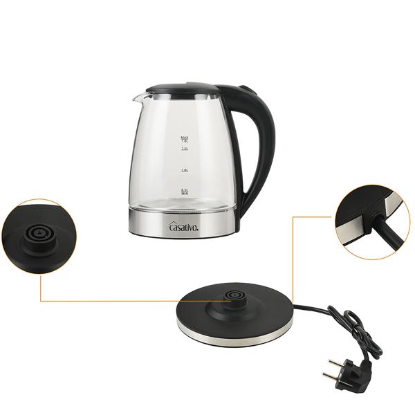 Bouilloire électrique élégante en verre, 1,8 litre, éclairage LED bleu, inox, 2200 W – arrêt automatique et protection contre le fonctionnement à sec