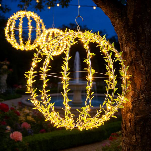 2er-Set Solar Leuchtkugel im Blätterdesign - Ø40cm Gartenkugel mit 144 warmweissen LEDs - IP44 Aussenleuchte inkl. Erdspiess, S-Haken und Solarpanel