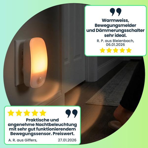 2er-Set LED Nachtlicht Stecker mit Bewegungsmelder & Dämmerungssensor, Steckdosen-Orientierungslicht, 11 Lm Warmweiss, für Flur, Treppe & Kinderzimmer