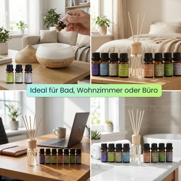 Premium Raumparfüm-Set mit 8 Duftölen je 10ml & 48 Rattan-Stäbchen - Raumduft Diffuser Set mit Meeresbrise, Sandelholz, Lavendel und Minze