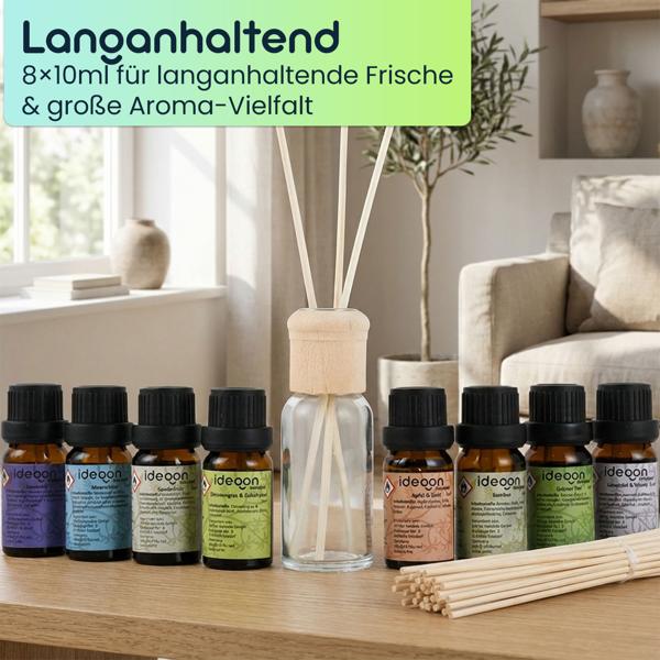 Premium Raumparfüm-Set mit 8 Duftölen je 10ml & 48 Rattan-Stäbchen - Raumduft Diffuser Set mit Meeresbrise, Sandelholz, Lavendel und Minze