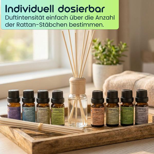 Premium Raumparfüm-Set mit 8 Duftölen je 10ml & 48 Rattan-Stäbchen - Raumduft Diffuser Set mit Meeresbrise, Sandelholz, Lavendel und Minze