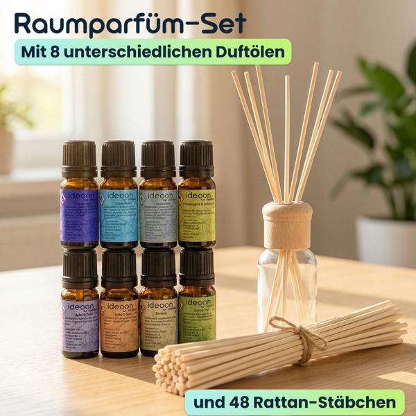 Premium Raumparfüm-Set mit 8 Duftölen je 10ml & 48 Rattan-Stäbchen - Raumduft Diffuser Set mit Meeresbrise, Sandelholz, Lavendel und Minze