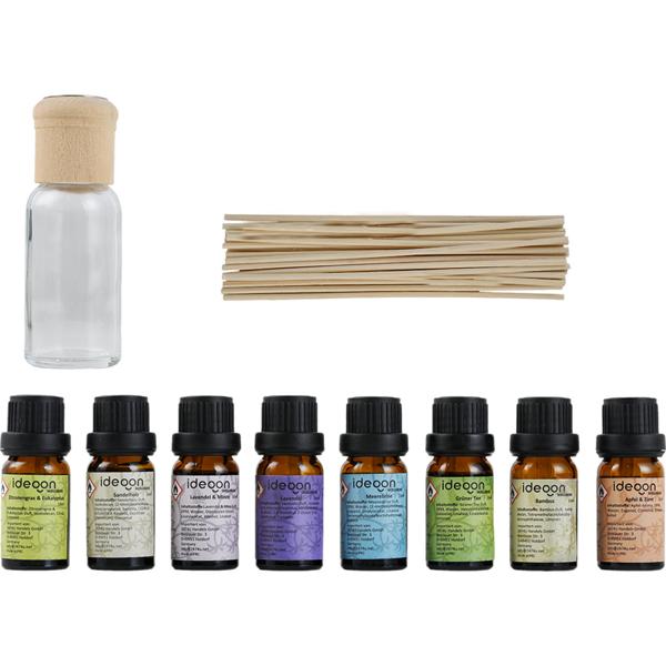 Profumazione per ambienti con 8 oli profumati e 48 bastoncini in rattan – set diffusore con le fragranze brezza marina, sandalo, lavanda e menta