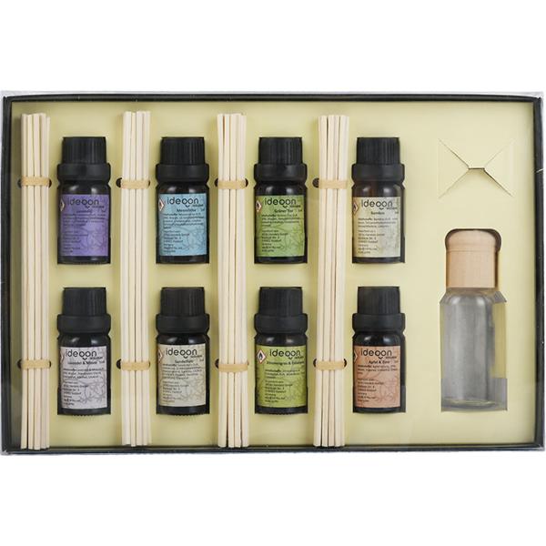 Profumazione per ambienti con 8 oli profumati e 48 bastoncini in rattan – set diffusore con le fragranze brezza marina, sandalo, lavanda e menta