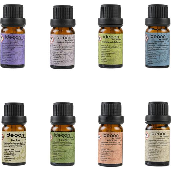 Profumazione per ambienti con 8 oli profumati e 48 bastoncini in rattan – set diffusore con le fragranze brezza marina, sandalo, lavanda e menta