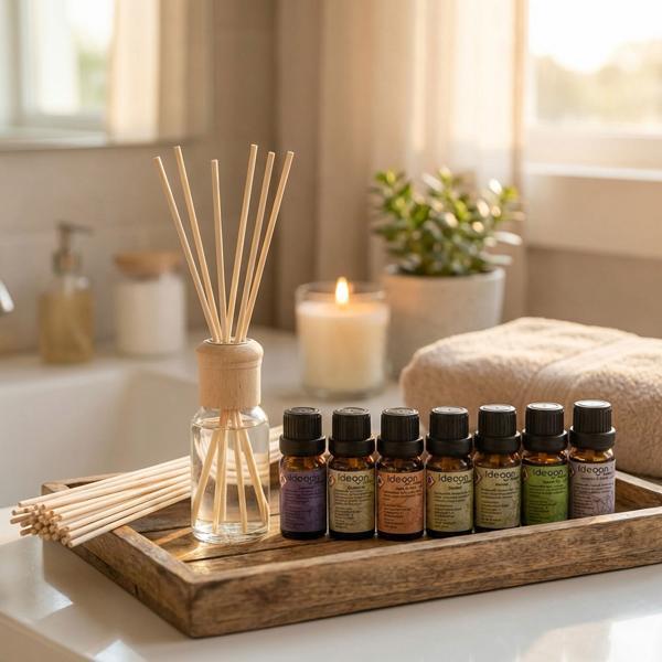 Profumazione per ambienti con 8 oli profumati e 48 bastoncini in rattan – set diffusore con le fragranze brezza marina, sandalo, lavanda e menta